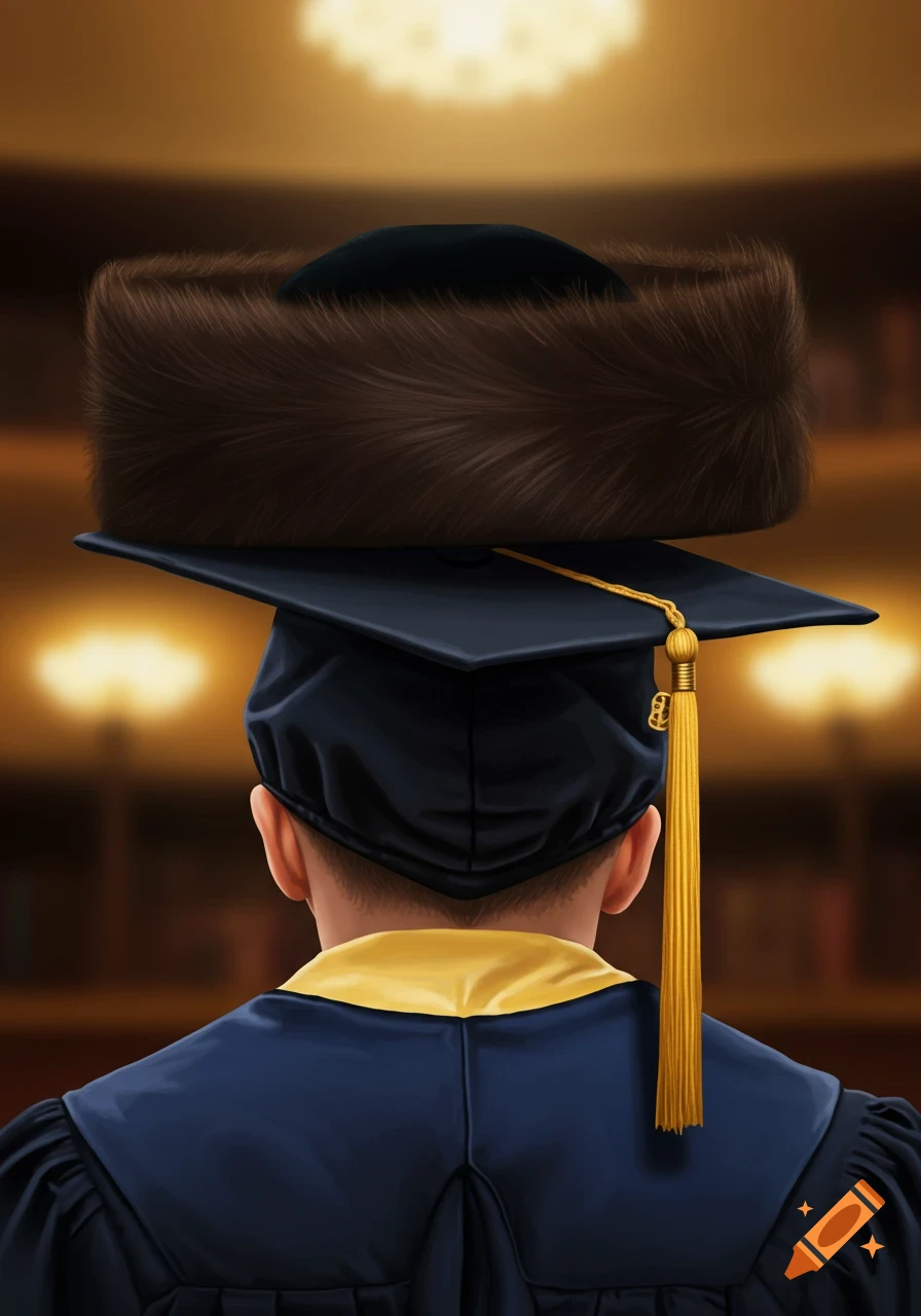 A digital painting from behind of a person in a blue graduation cap and robe, with a brown fur rabbi's hat stacked on top.