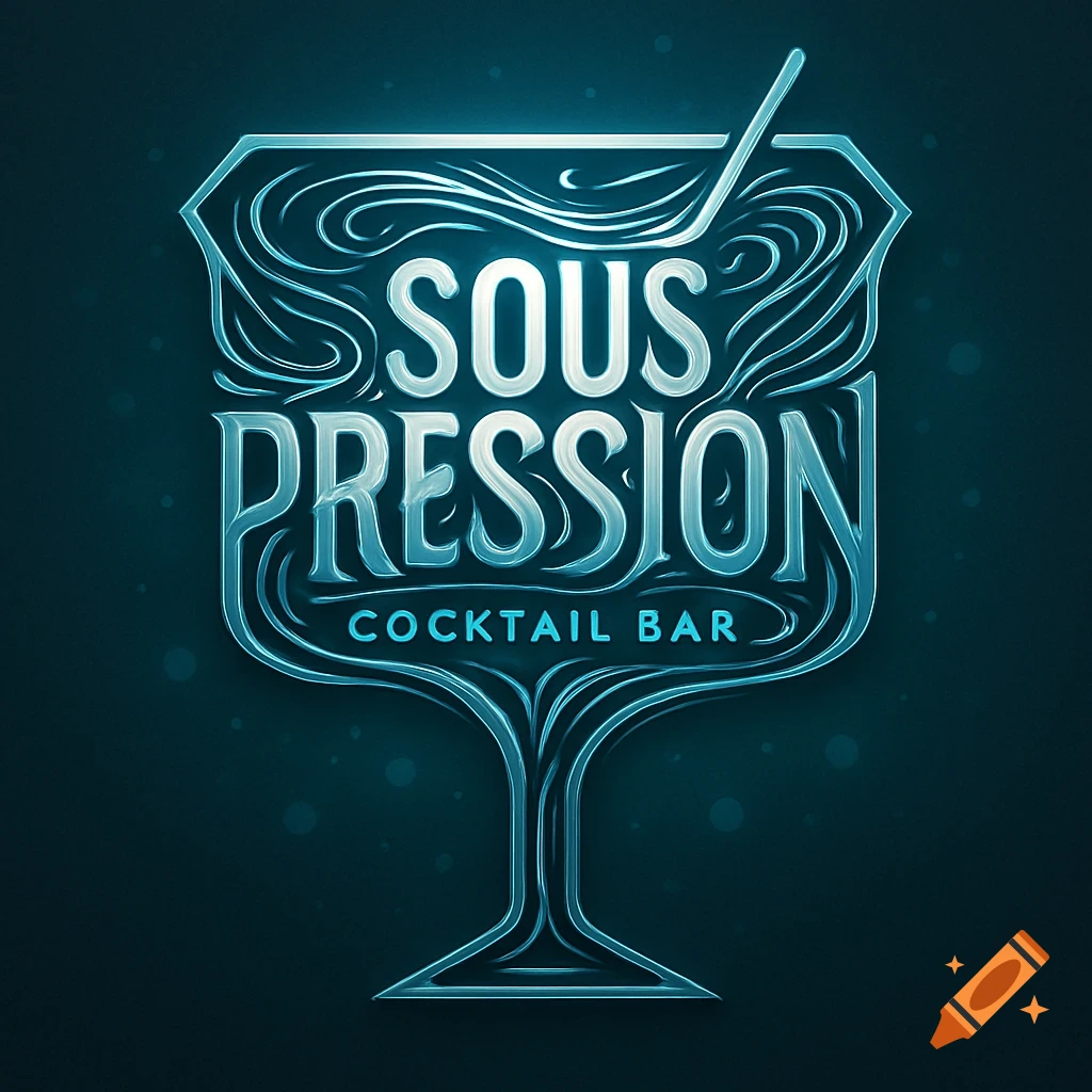 A glowing futuristic blue logo for 'Sous Pression Cocktail Bar,' designed in the stylized shape of a cocktail glass with ornate text.
