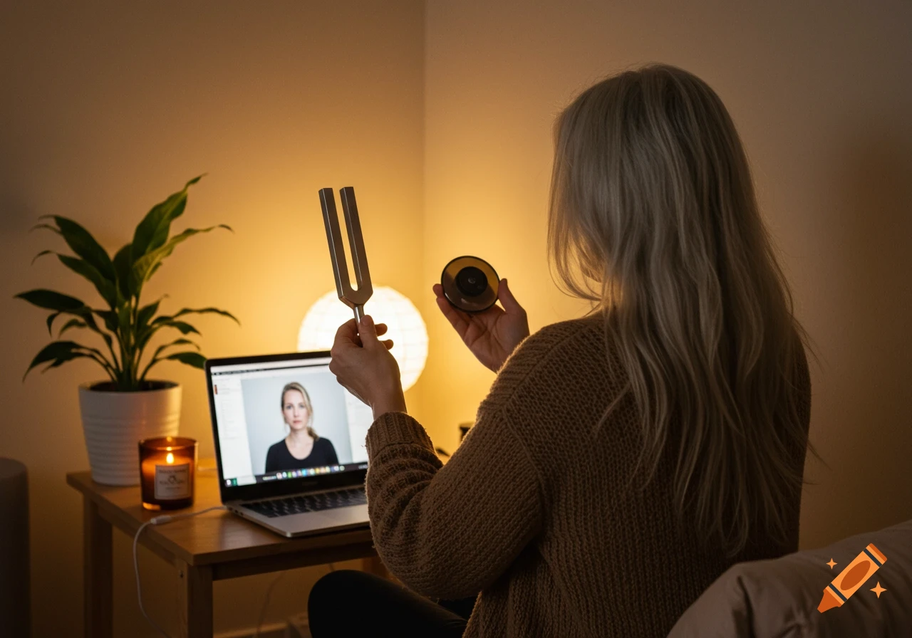 A woman with long blonde hair, seen from behind, holds a tuning fork and a puck while on a video call on her laptop in a warm-lit room.