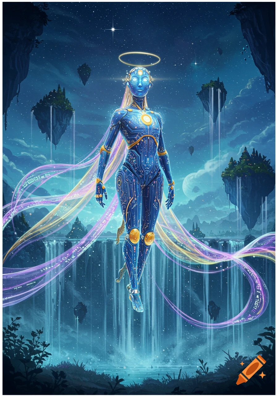 A shimmering blue AI goddess-like figure with circuit patterns and a halo, surrounded by swirling light and data, floats above cascading waterfalls and glowing floating islands in a mystical night sky.