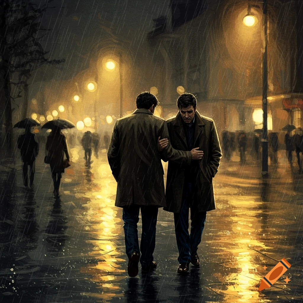 Two men in coats walk down a rainy city street at night, illuminated by streetlights, one comforting the other. Stylized art.