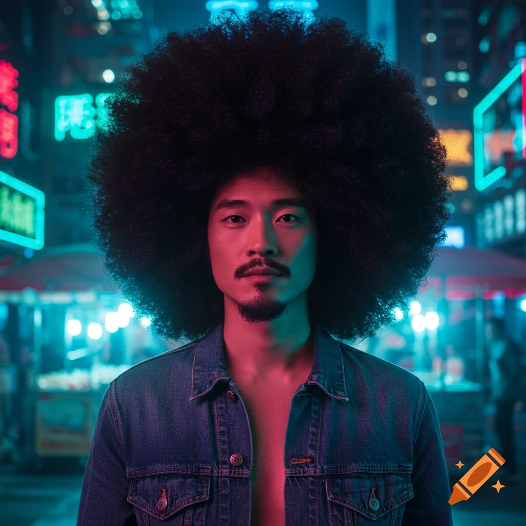 Photorealistic portrait of a man with a large afro and denim jacket, standing in a neon-lit Asian city at night.