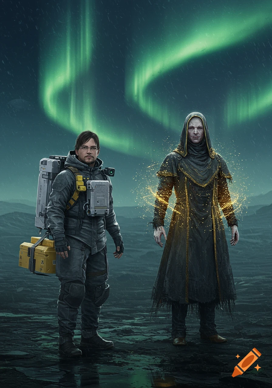 Two men, one with a backpack and one in a dark cloak with golden light, stand in a rainy landscape under a green aurora.