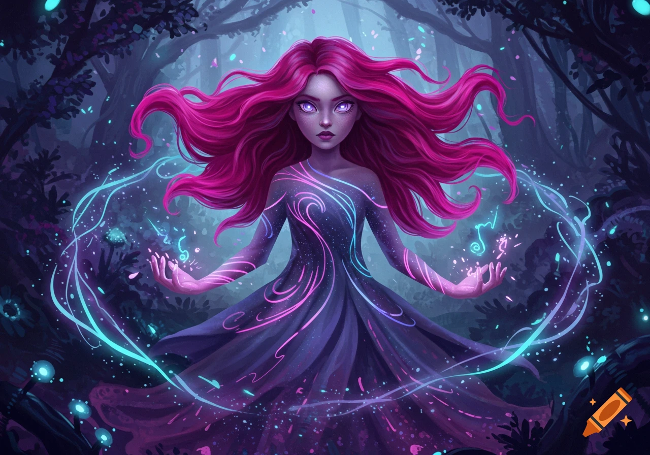 Vibrant digital art of a fantasy girl with flowing pink hair and glowing eyes, casting magic in an enchanted purple forest.