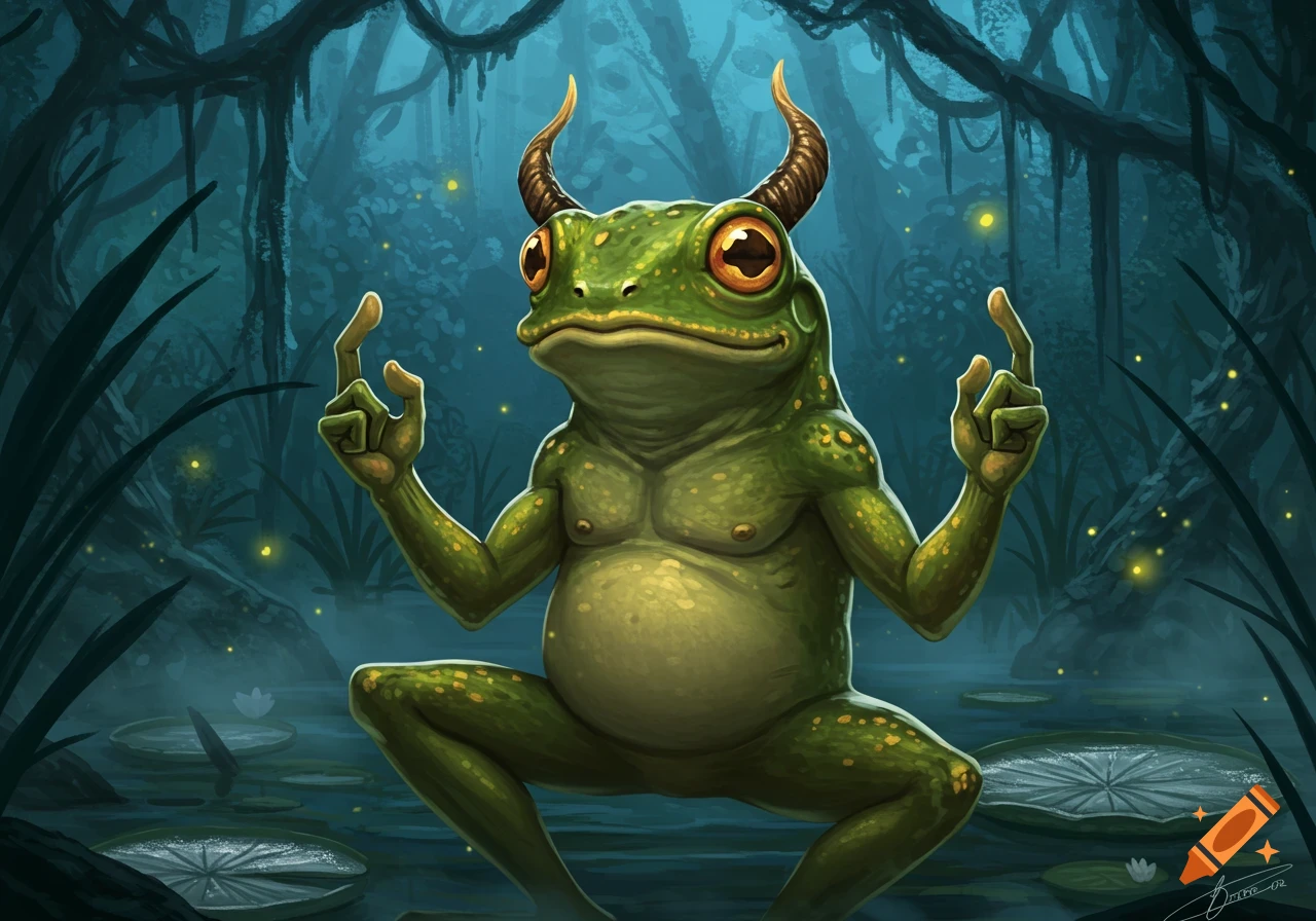 A muscular, green frog-man with devil horns gives the middle finger with both hands, crouching in a dark, glowing swamp.
