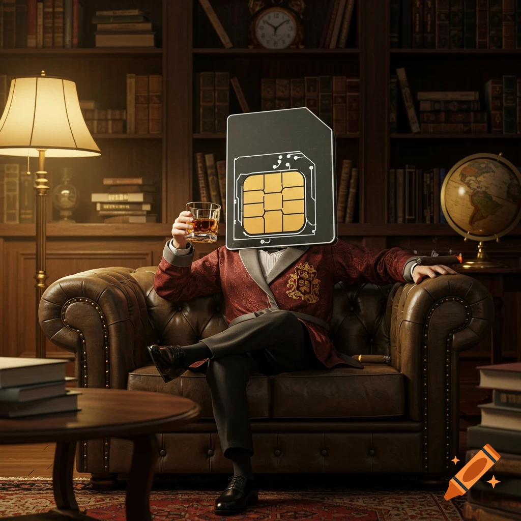 A photorealistic anthropomorphic SIM card in a smoking jacket drinks whiskey on a leather couch in a study.