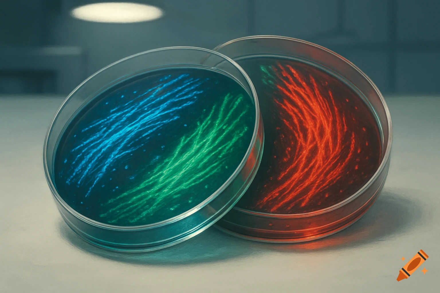 Two petri dishes with glowing blue, green, and red streaking microbial cultures in a dimly lit laboratory setting.