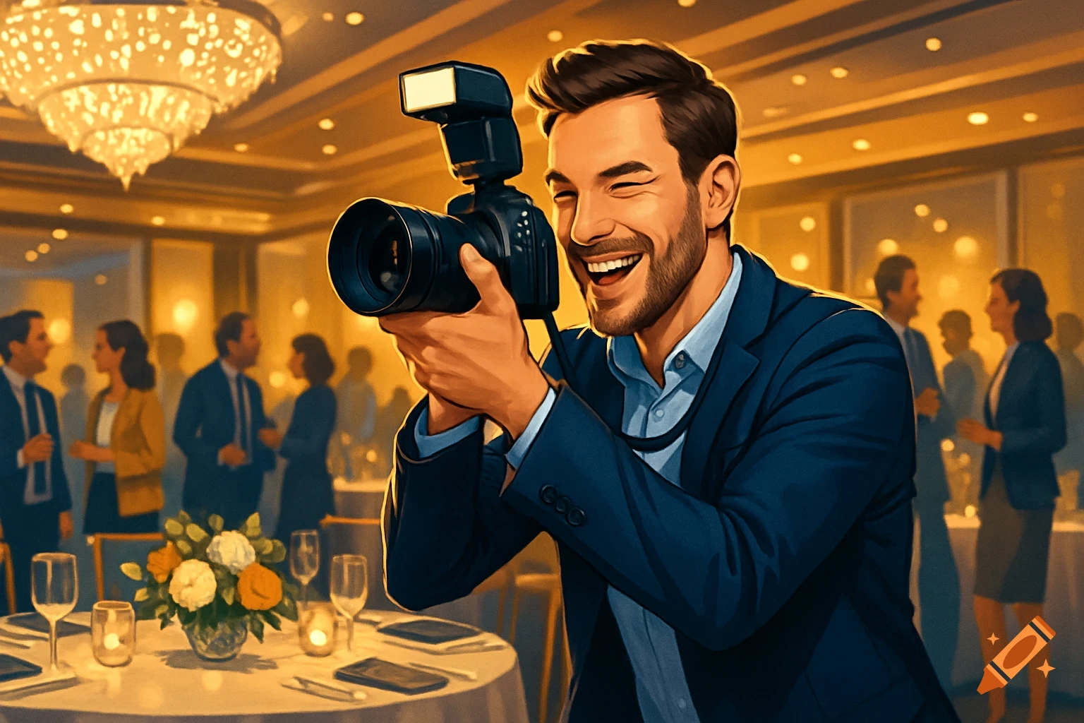 A smiling photographer in a suit takes a photo with a DSLR camera at a corporate event, with chandeliers and blurred guests in the background.