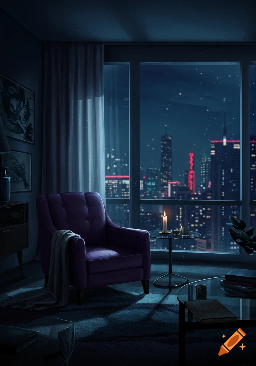 Moody digital painting of a purple armchair and flickering candle by a window overlooking a glowing city skyline at night.