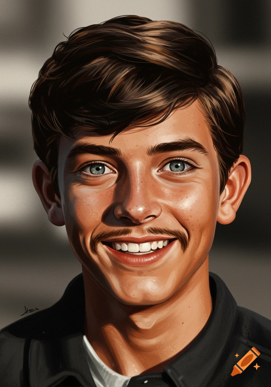 Digital painting of a smiling teenage boy with blue-grey eyes, dark brown hair, freckles, and a small mustache.