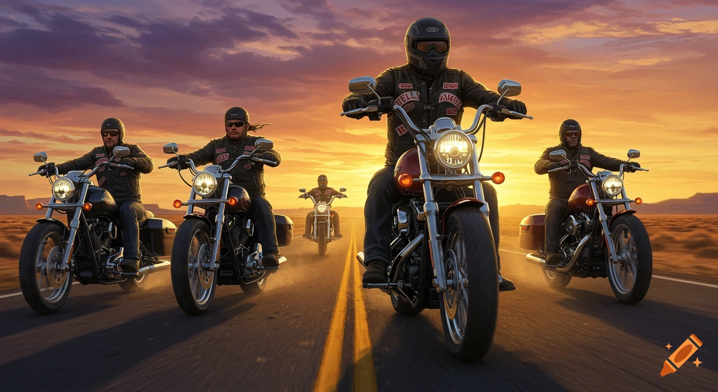 A group of bikers riding motorcycles down a desert highway at sunset, photorealistic style.