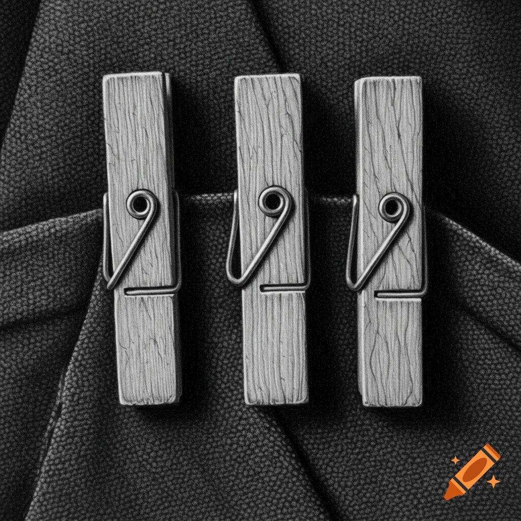 Black and white drawing of three wooden clothespins attached to dark fabric, viewed up close.