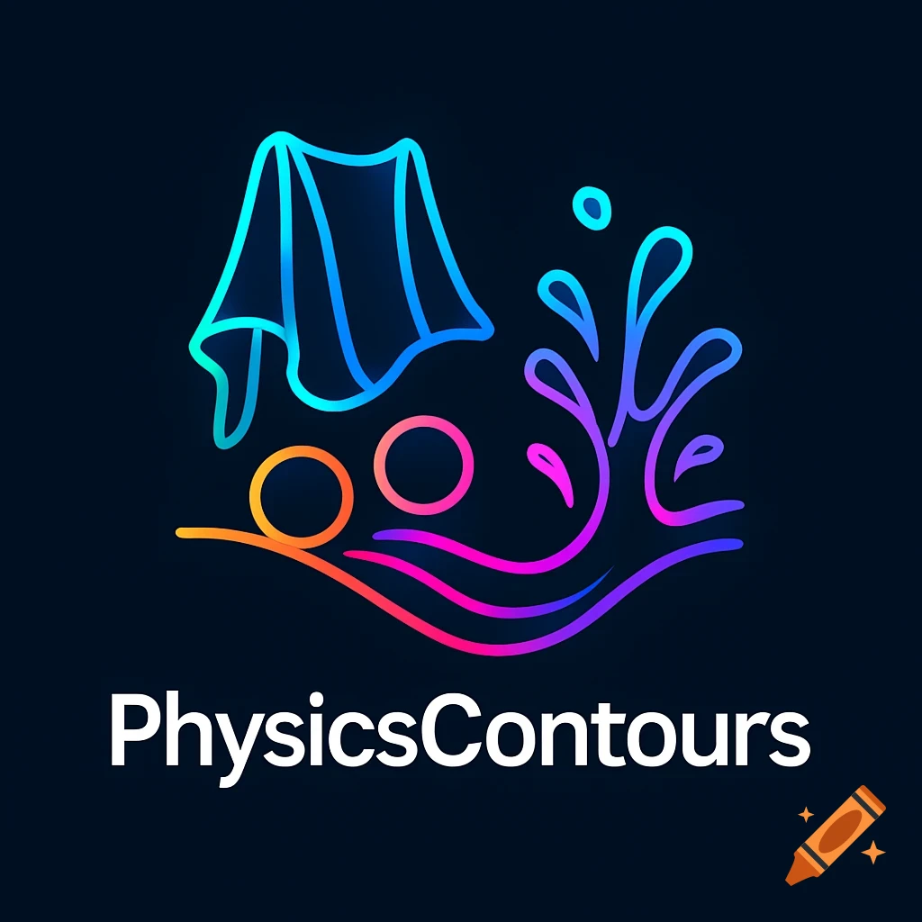 A modern, minimalistic logo with bright neon contour lines representing physics simulations, and the text 'PhysicsContours' below.