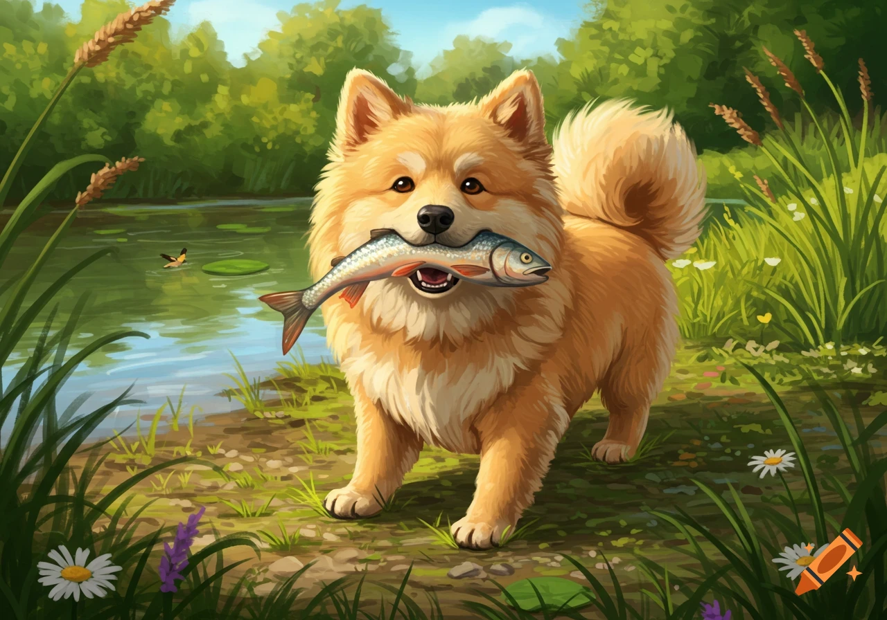 A happy, fluffy, light brown dog holds a fish in its mouth, standing by a pond in a lush, illustrated natural setting.