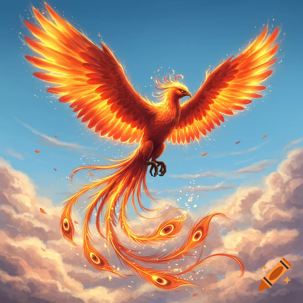 Illustration of a phoenix and a wolf in a magical forest on Craiyon