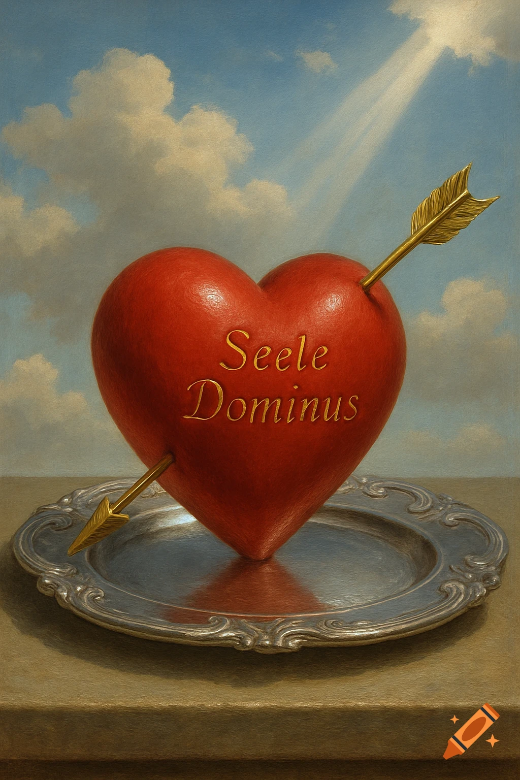 A classical painting of a red heart pierced by a golden arrow, inscribed with 'Seele Dominus', on a silver platter under a cloudy sky with a sunbeam.