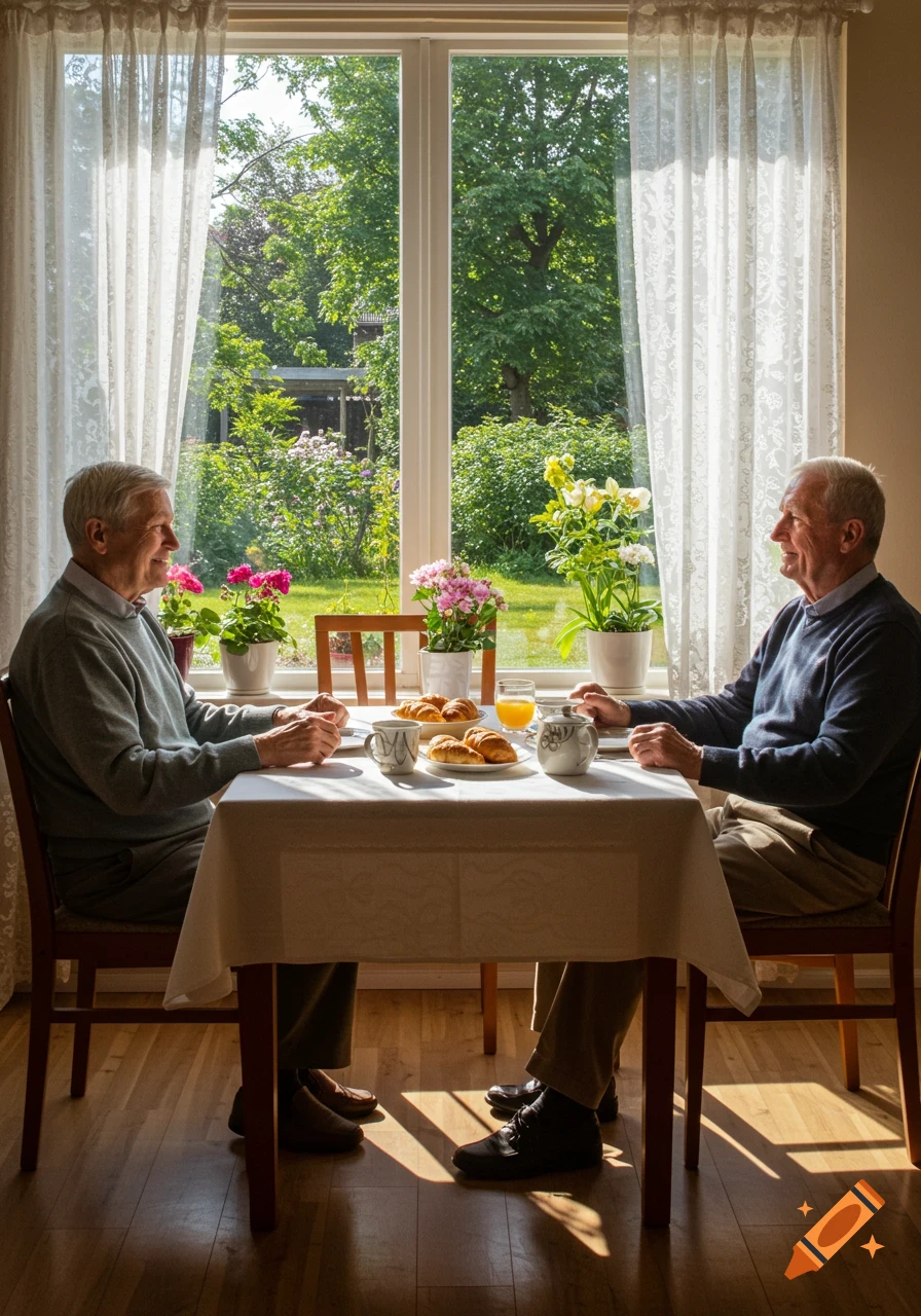 Two elderly men eat breakfast at a table in a sunlit room with a garden view, looking at each other.