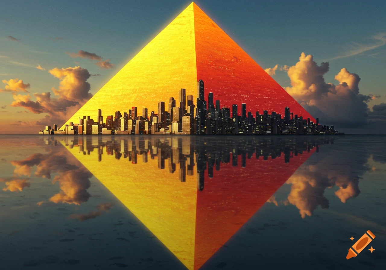 A large pyramid-shaped cityscape, half yellow and half red, rises from water with a mirrored reflection.