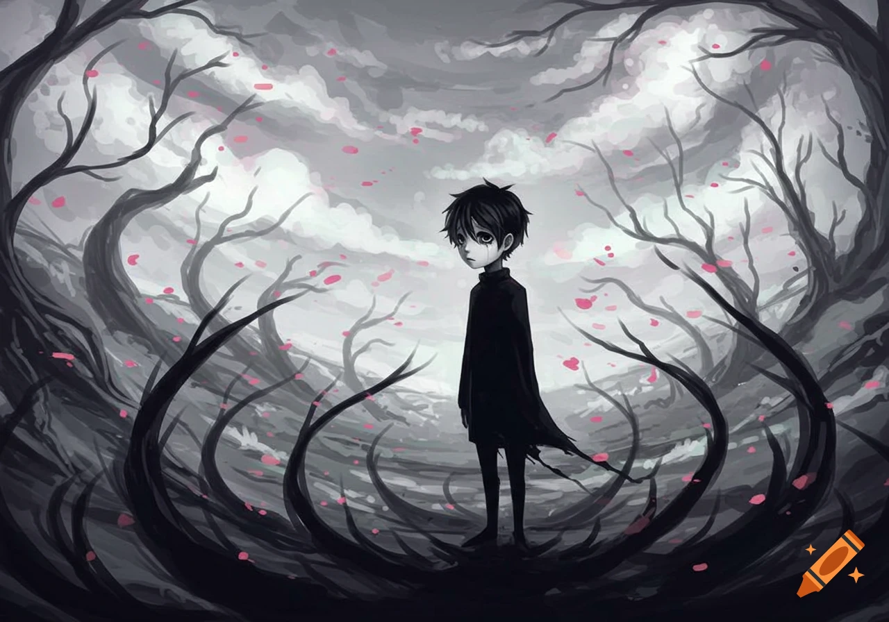 A sad anime boy in a dark outfit stands in a gloomy forest with twisted gray trees and pink petals, under a cloudy sky.