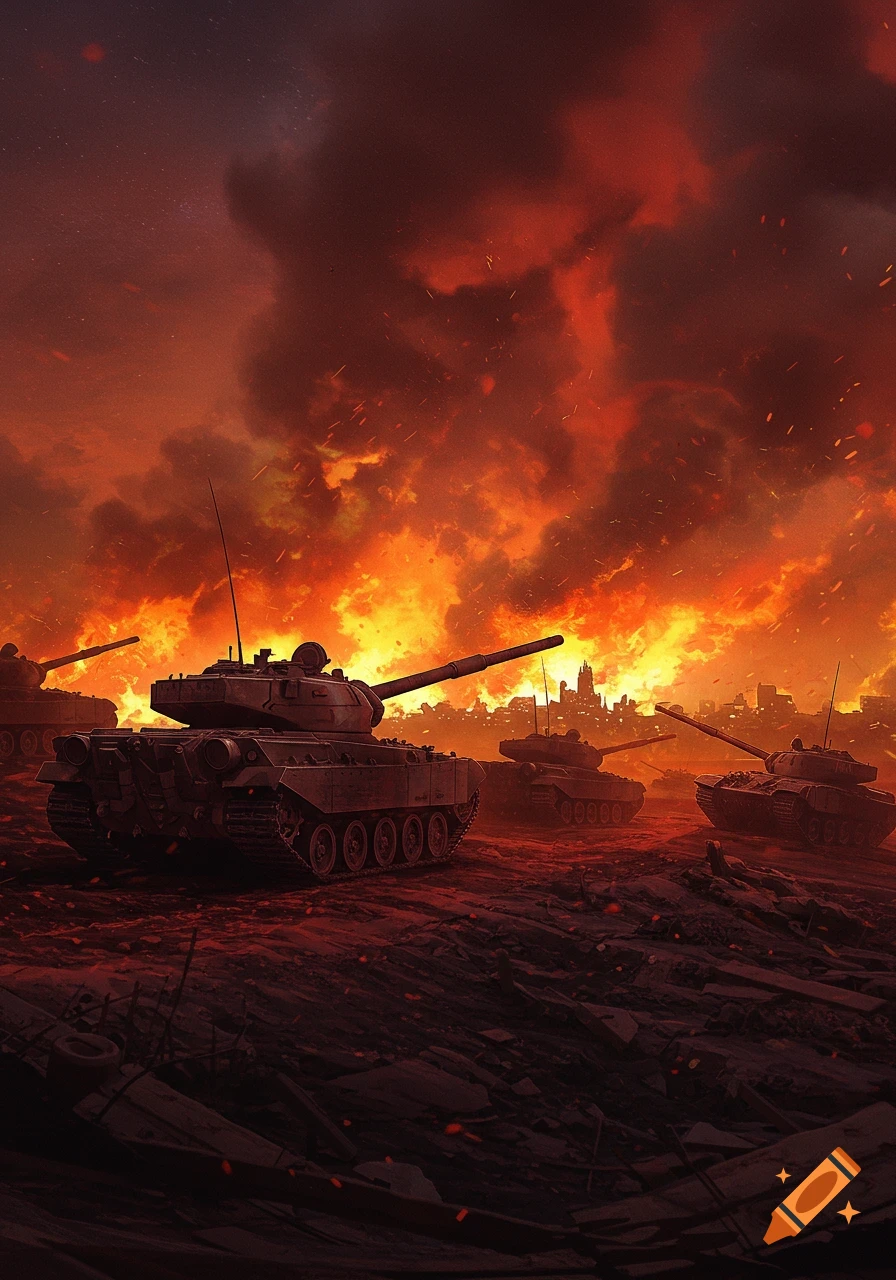 Tanks on desolate ground with a burning city under a fiery orange and red sky, digital art.