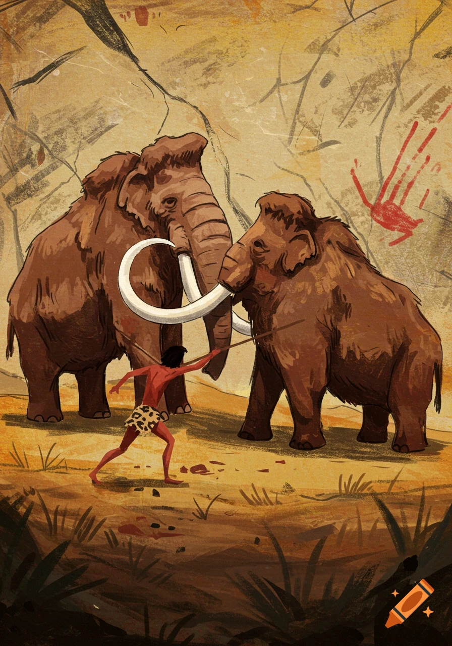 Cave painting style illustration of a primitive hunter with a spear attacking two mammoths against a cave wall.