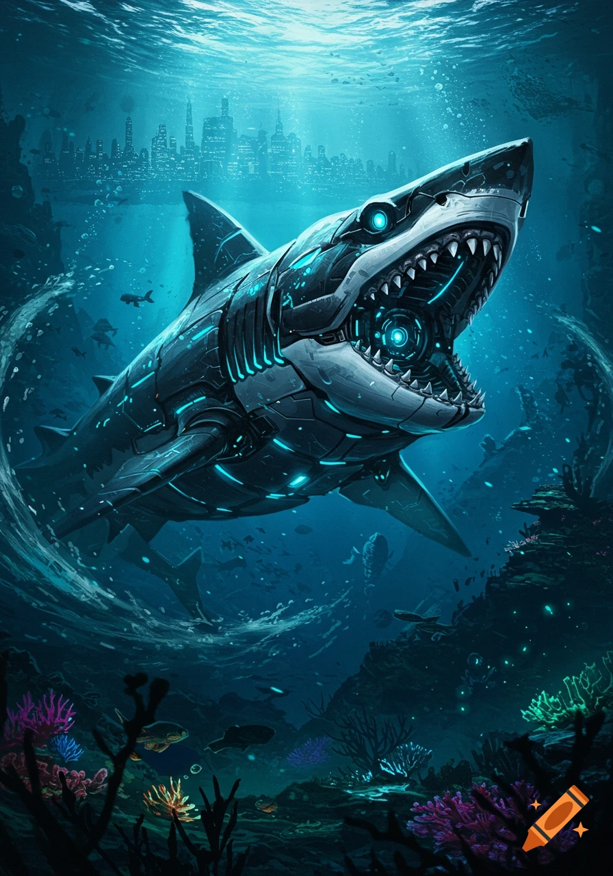 A futuristic robotic megalodon shark with glowing blue accents swims underwater, mouth open, above coral reefs, a city skyline in the distance.