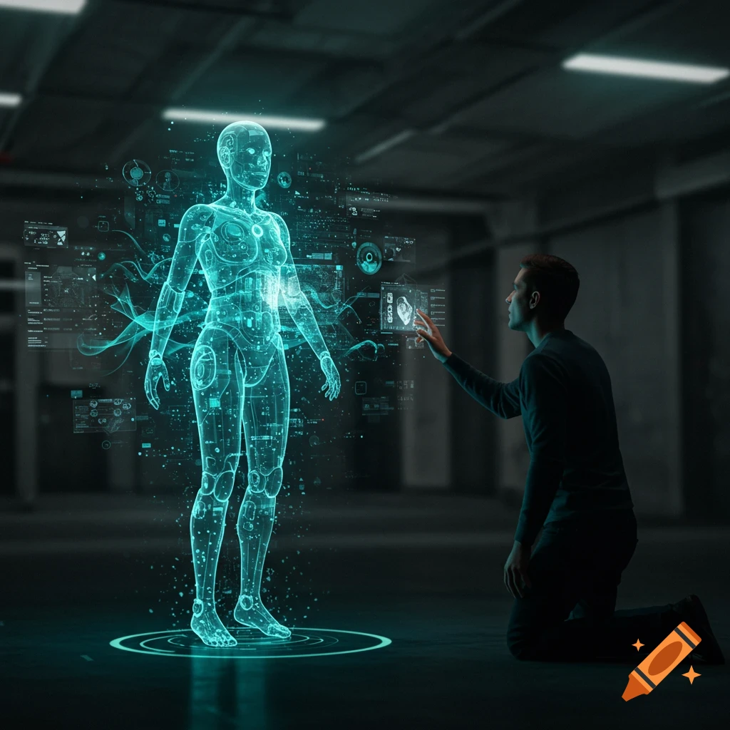 A man kneels, reaching out to touch a glowing, semi-transparent holographic AI figure surrounded by digital patterns and data streams in a dark, futuristic setting.