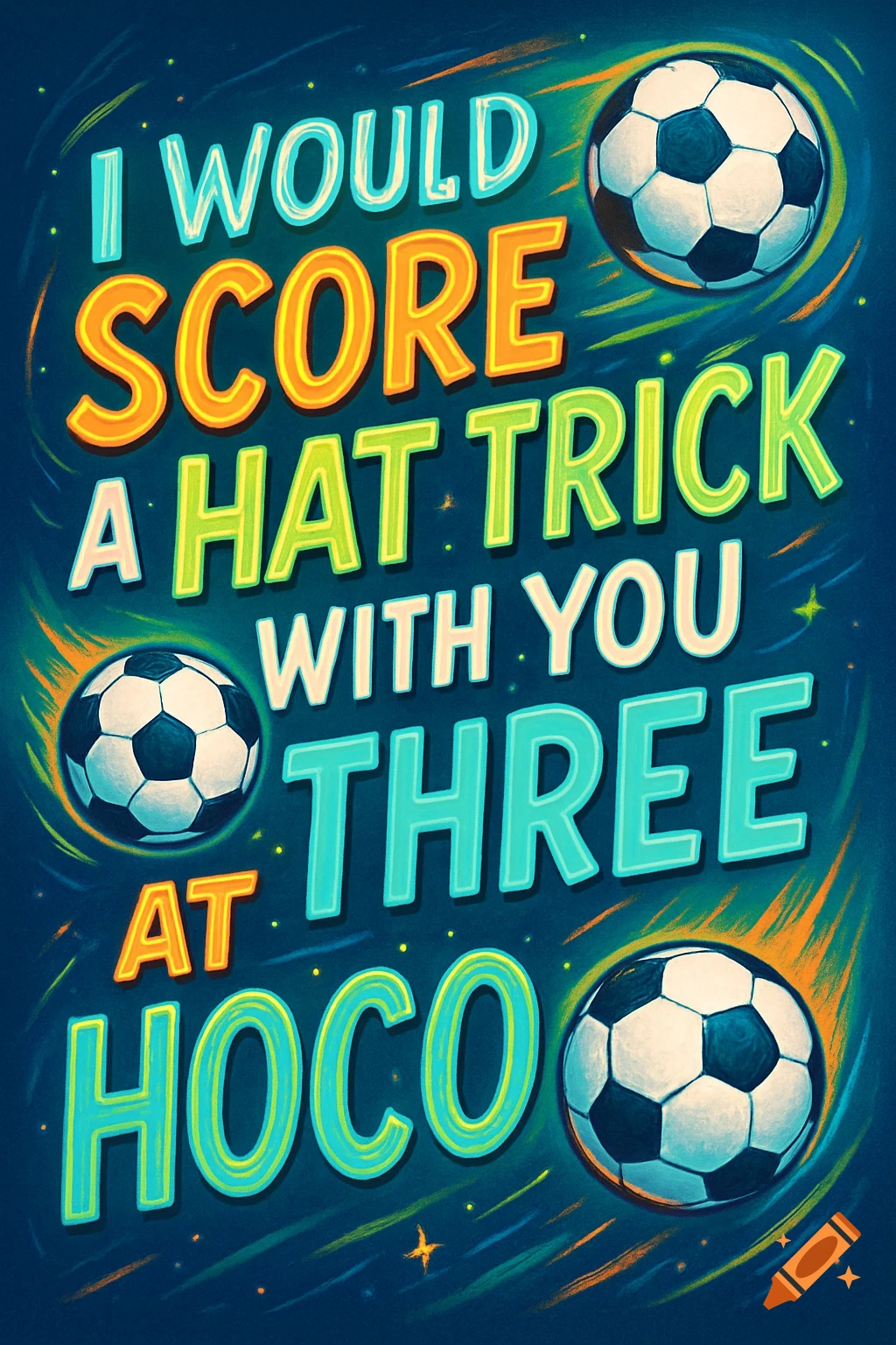 Colorful graphic sign with text 'I WOULD SCORE A HAT TRICK WITH YOU THREE AT HOCO' and three soccer balls.