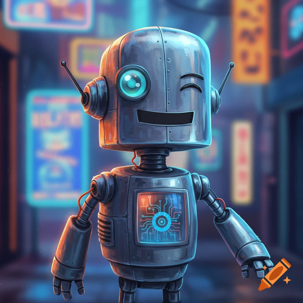 A cute, winking metallic robot with glowing blue circuits on its chest stands in a blurry, neon-lit cyberpunk city street.