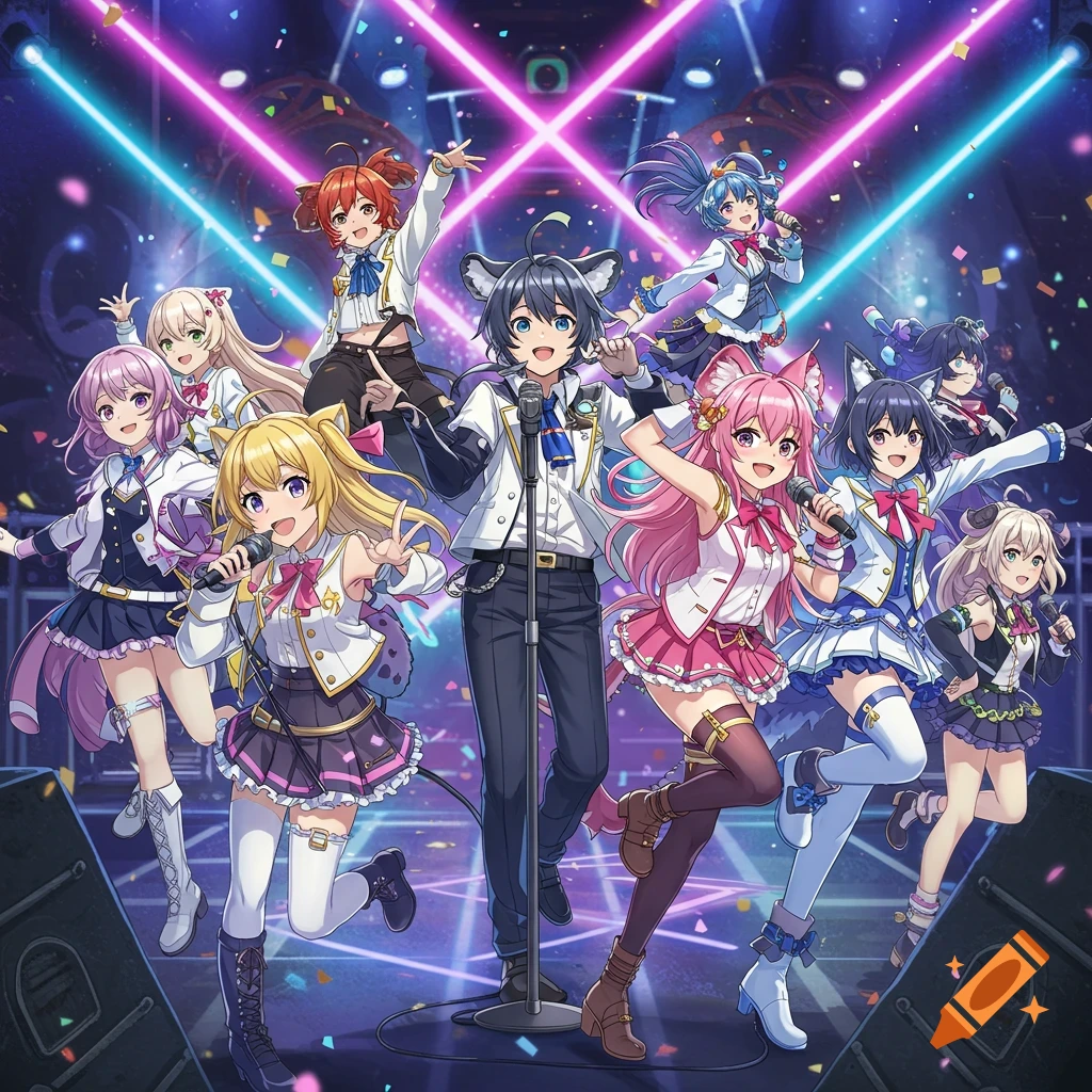 Anime idol group performs on a vibrant stage with neon lights and confetti, holding microphones.