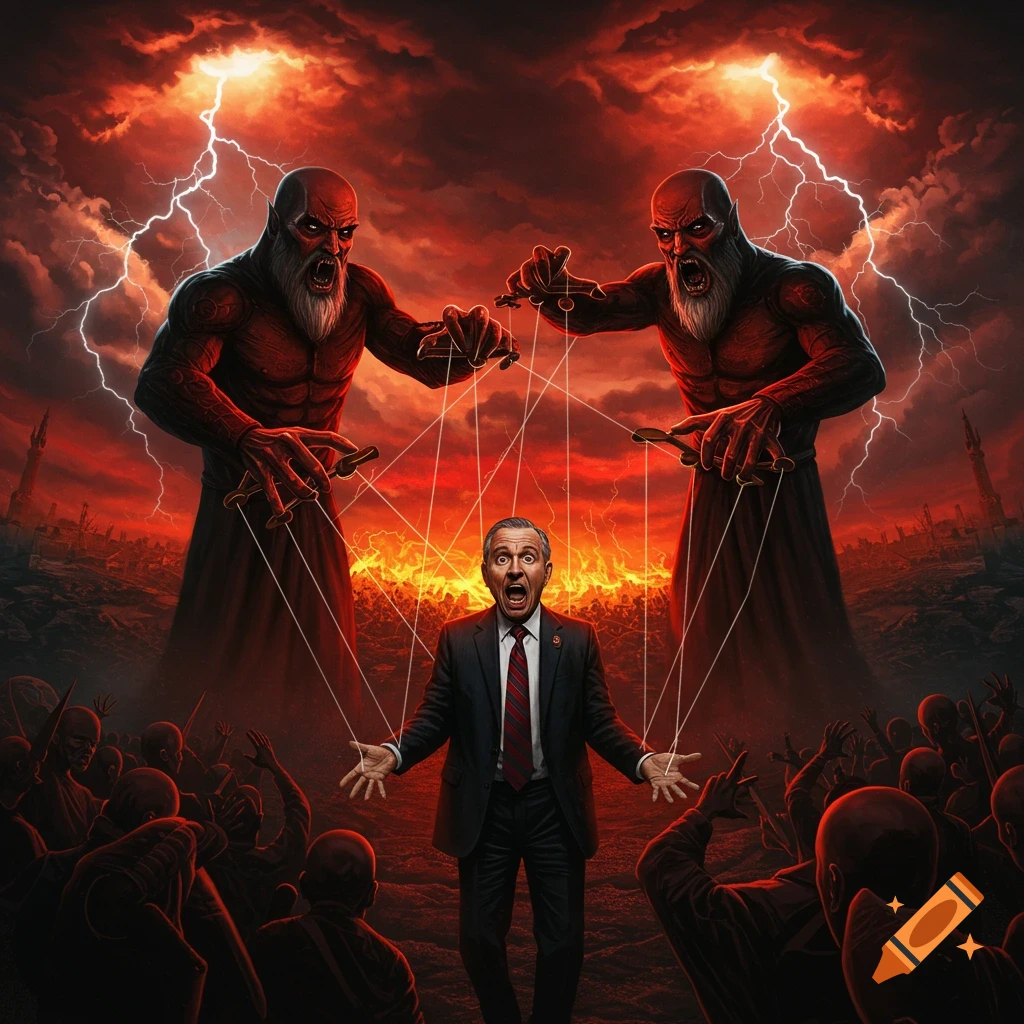 Two large, red-skinned demonic figures with beards control a terrified man in a suit like a puppet. Red stormy skies with lightning loom over a burning, desolate landscape filled with shadowed figures below, in a heavy metal album art style.
