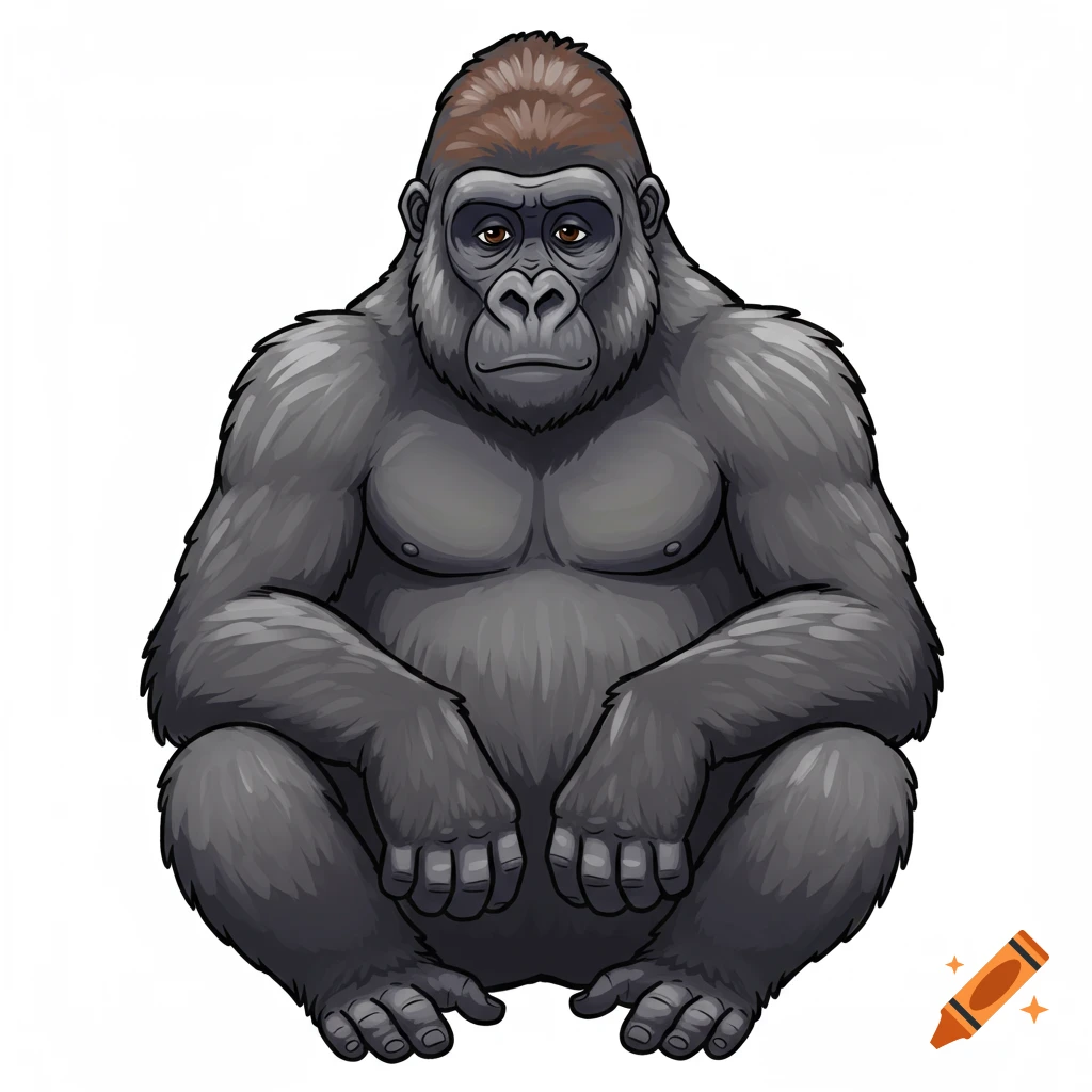 A cartoonish silverback gorilla sits calmly, facing forward on a white background.