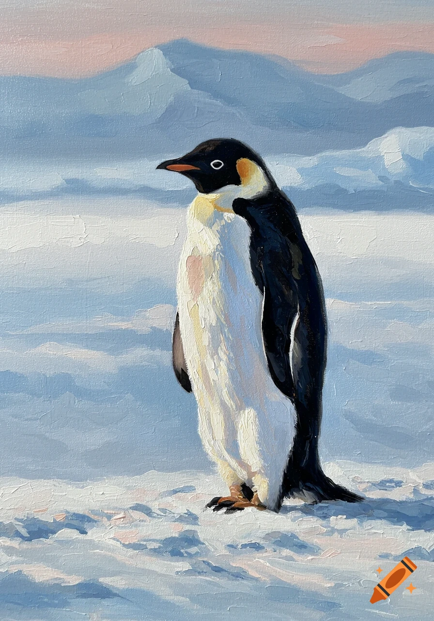 Impressionist painting of an emperor penguin standing in a snowy landscape under a light blue and pink sky.