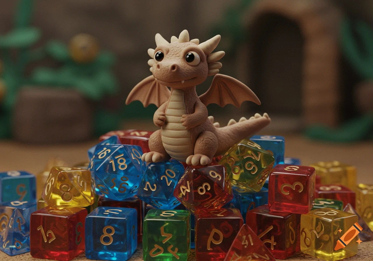 A cute claymation dragon sits on a pile of colorful translucent dice.
