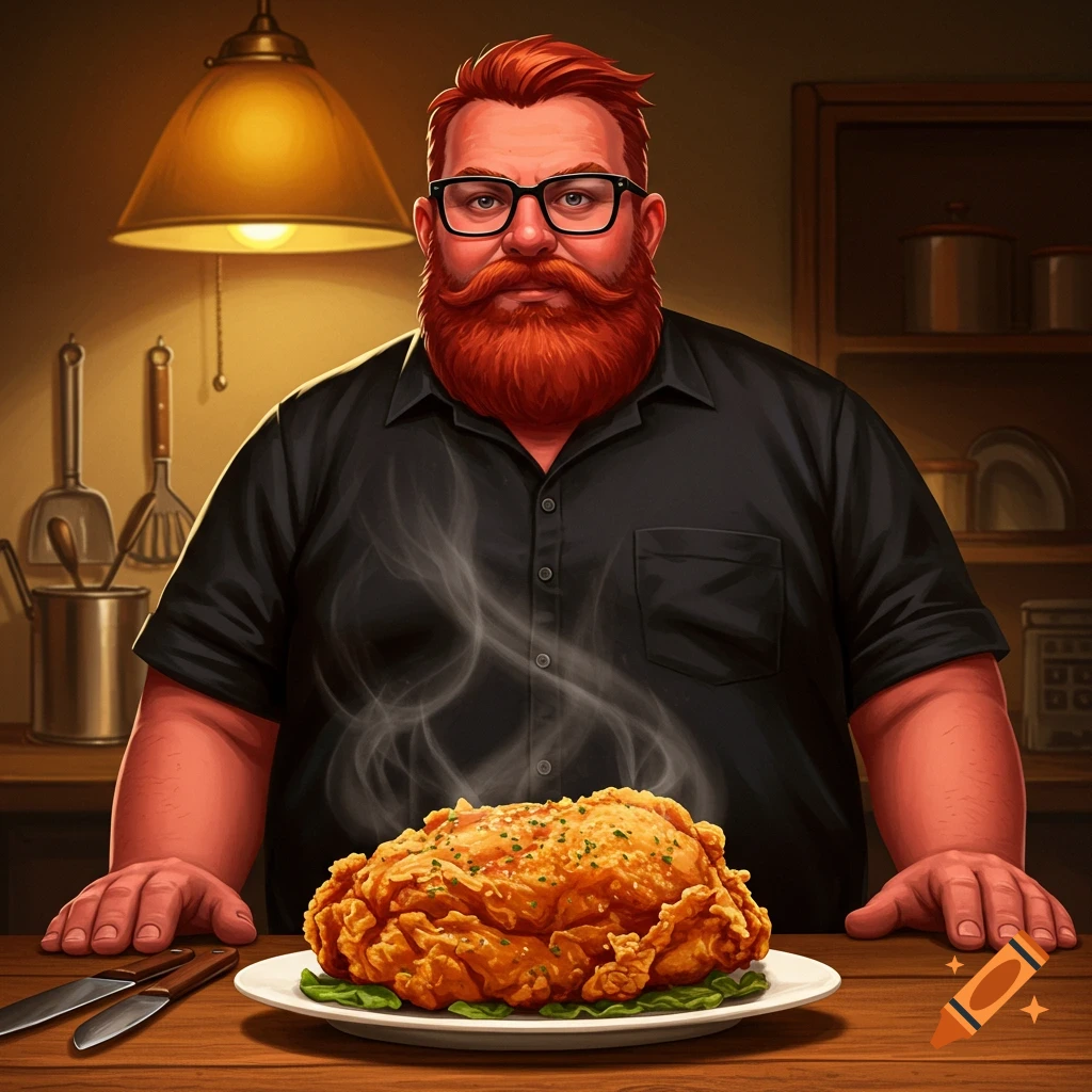 A stylized illustration of a man with a red beard and black glasses standing in a kitchen, proudly presenting a plate of steaming fried chicken.