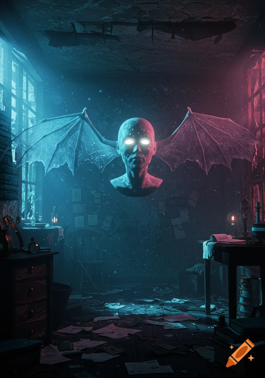 An eerie bald head with glowing eyes and bat wings floats in a dark, messy room with blue and pink lighting.