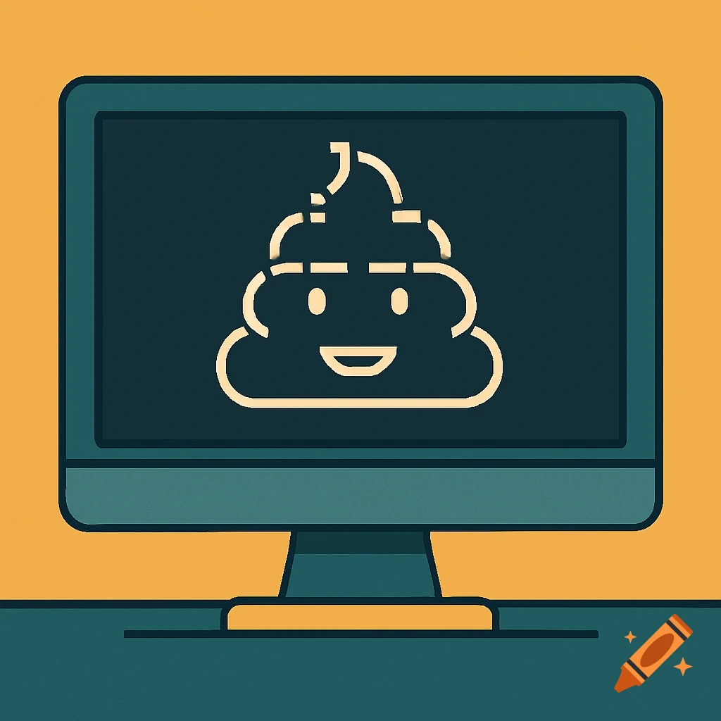A teal computer monitor displays a smiling poop emoji made of white dashed lines on a dark screen, against a yellow background.