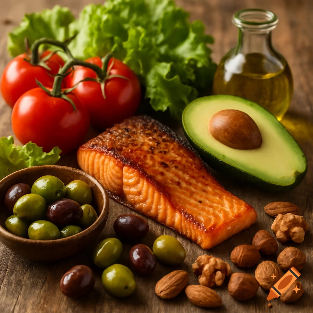 A photorealistic still life of healthy Mediterranean diet components on a wooden table: cooked salmon, avocado, tomatoes, lettuce, olives, nuts, and olive oil.