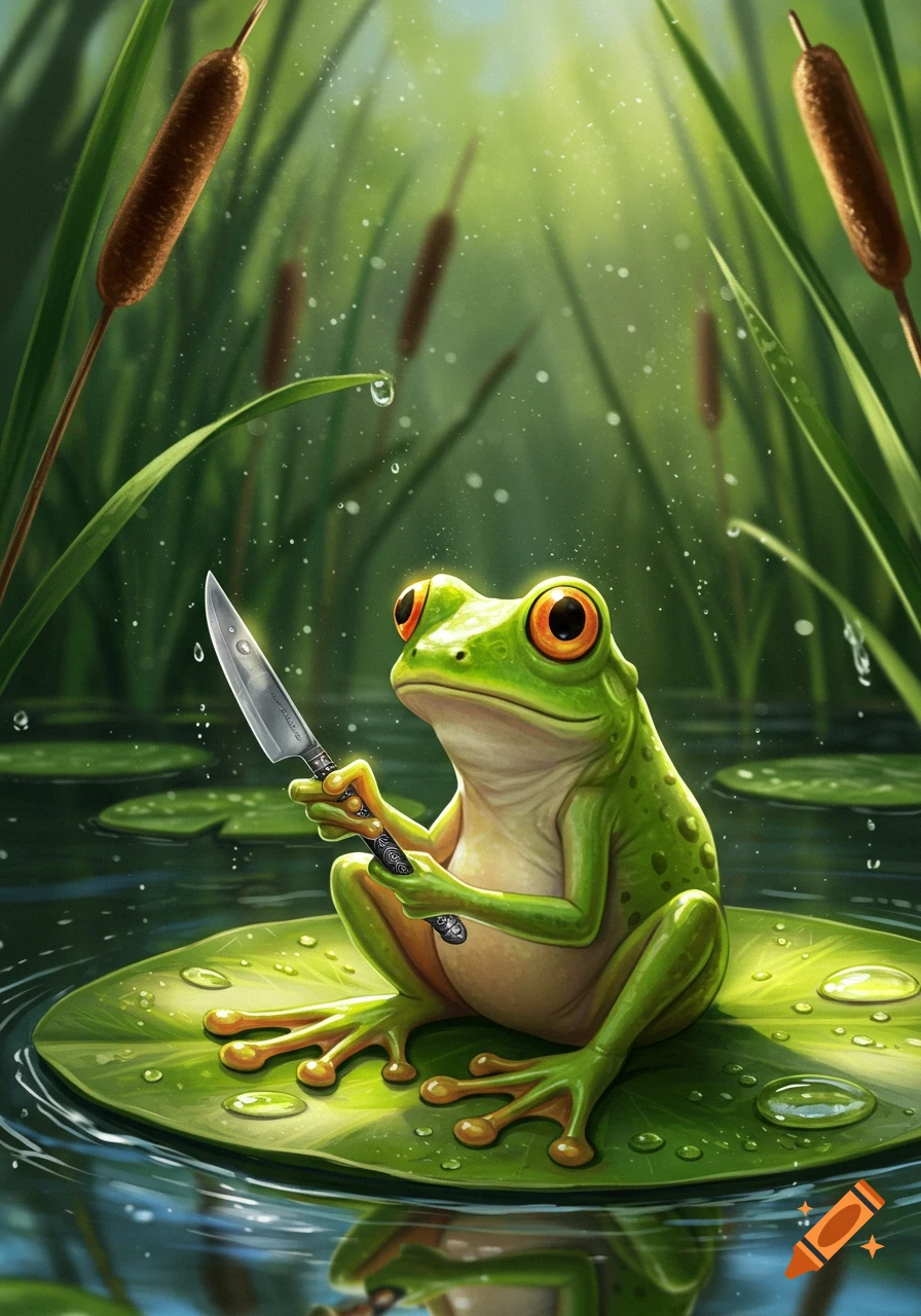 A cute green frog with big orange eyes sits on a lily pad in a pond, holding a silver knife.
