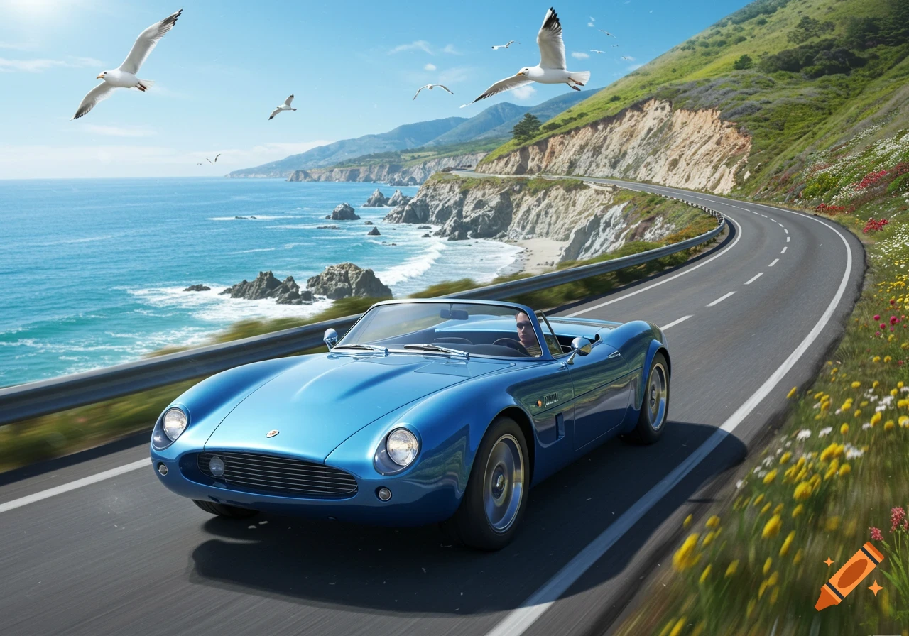 A blue classic convertible car drives on a winding coastal road with the ocean and seagulls in the background on a sunny day.