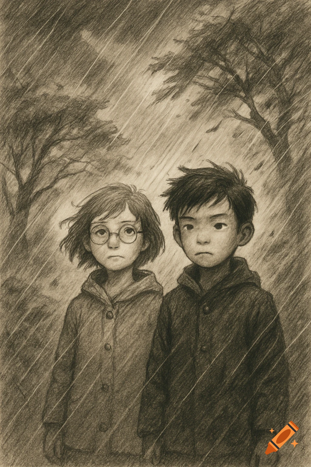 Hand-drawn illustration of a serious young girl with glasses and a boy standing in the rain under trees.