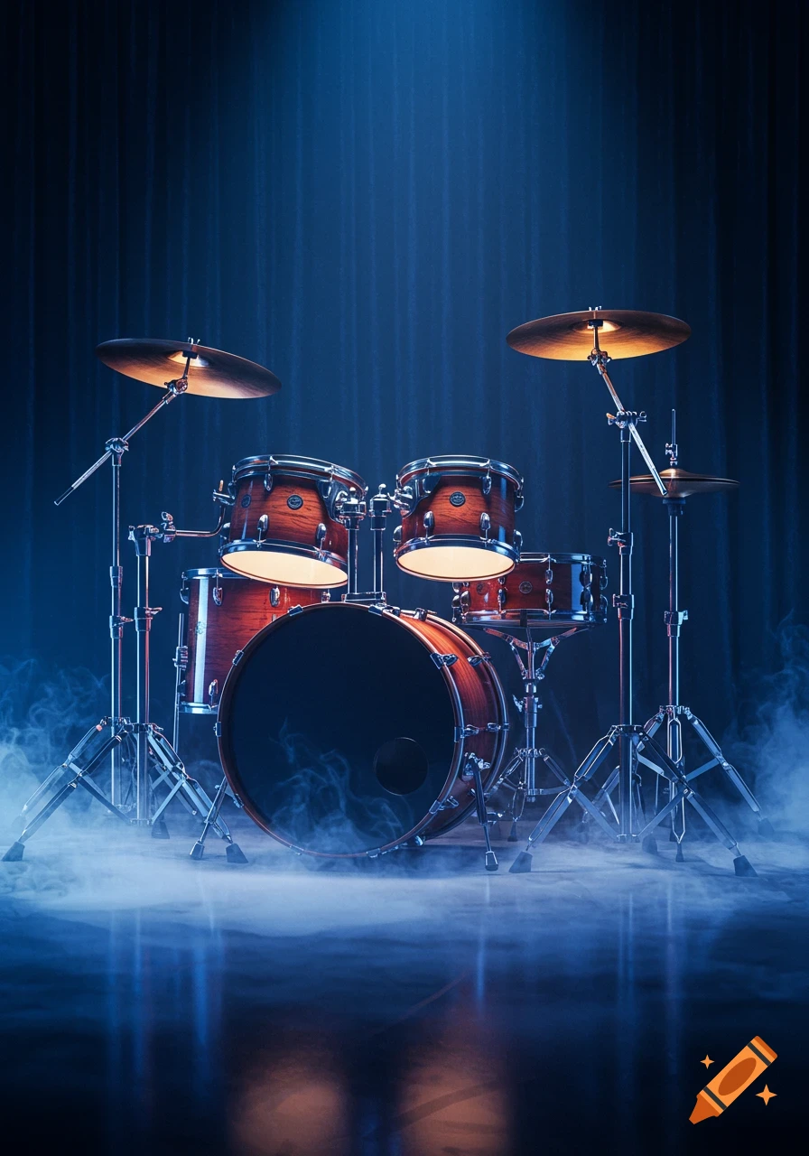 A close-up, dramatic shot of a wooden drum kit on a smoky stage, illuminated by blue spotlights. The drums are dark wood with chrome hardware, and cymbals gleam with warm light.