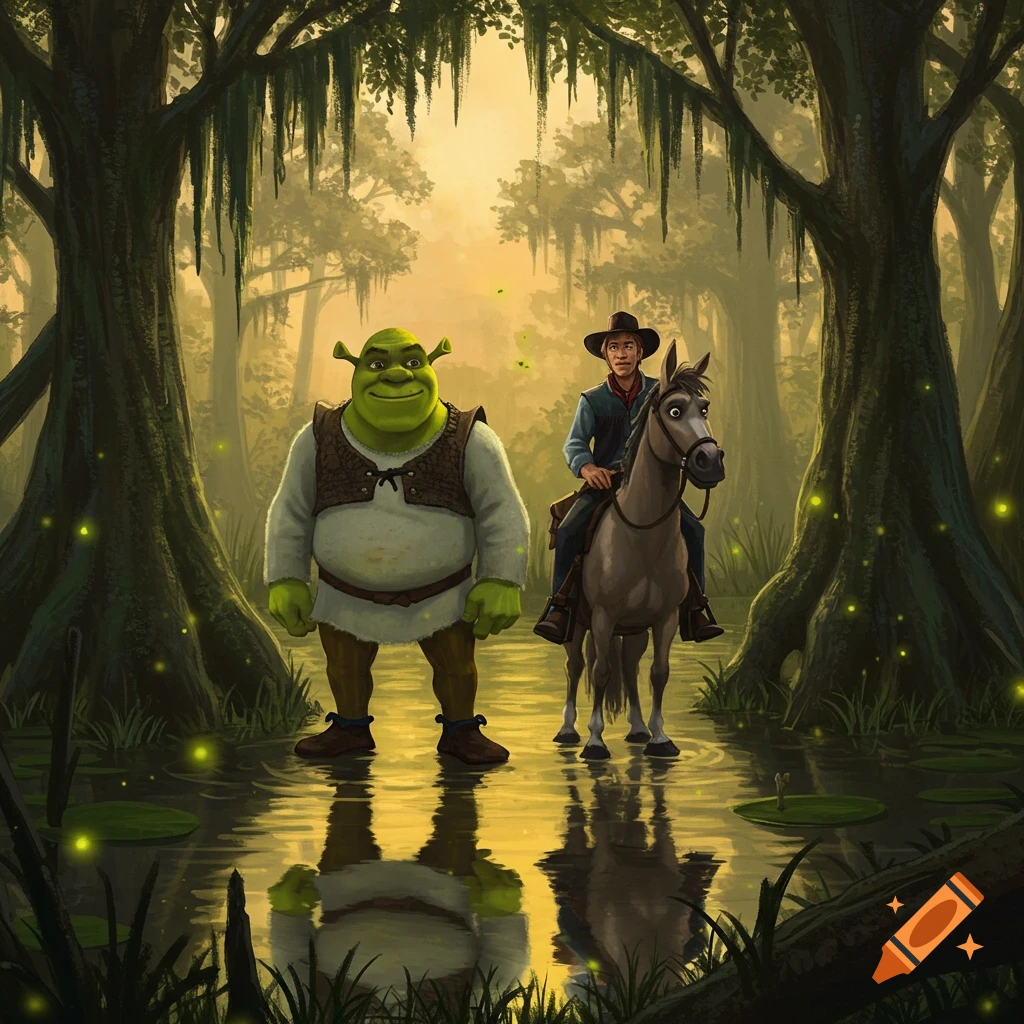 Shrek and a cowboy on horseback stand in a misty, dark green swamp with glowing fireflies, digital illustration.