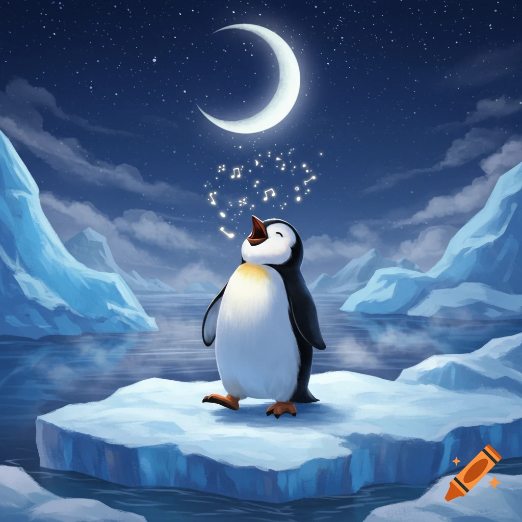 A cute cartoon penguin sings on an ice floe under a crescent moon and starry night sky, with musical notes floating from its mouth.