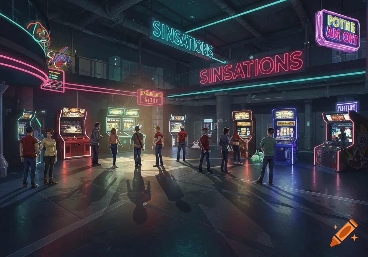 People play various arcade games in a dimly lit, futuristic arcade illuminated by colorful neon signs.