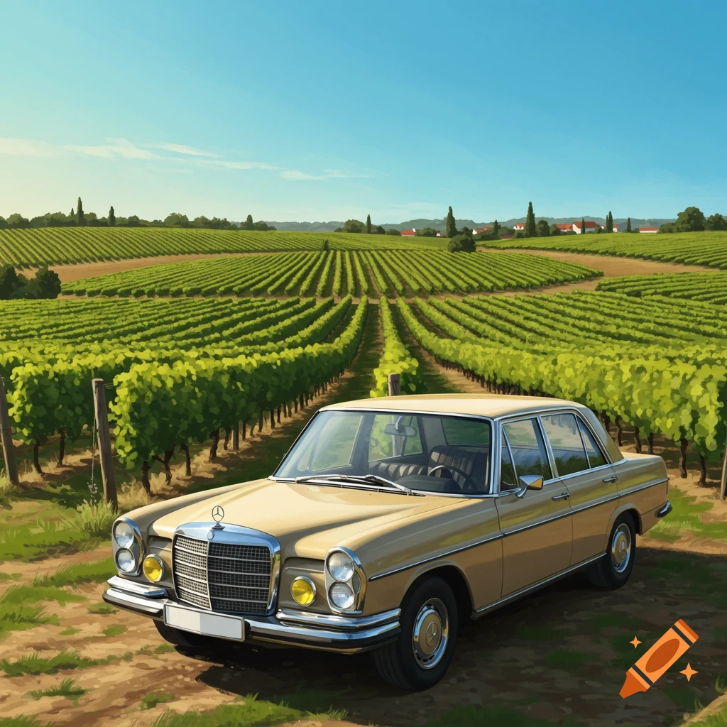 A beige Mercedes W115 classic car parked on a dirt path in a sunny vineyard with rows of green grapevines.