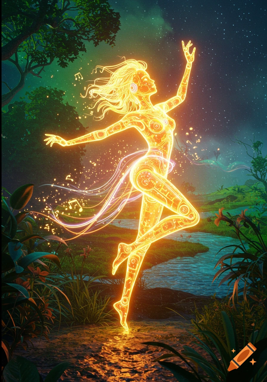 A glowing, ethereal female figure, Solara, dances joyfully in a vibrant, fantastical landscape with a starry sky, surrounded by musical notes.