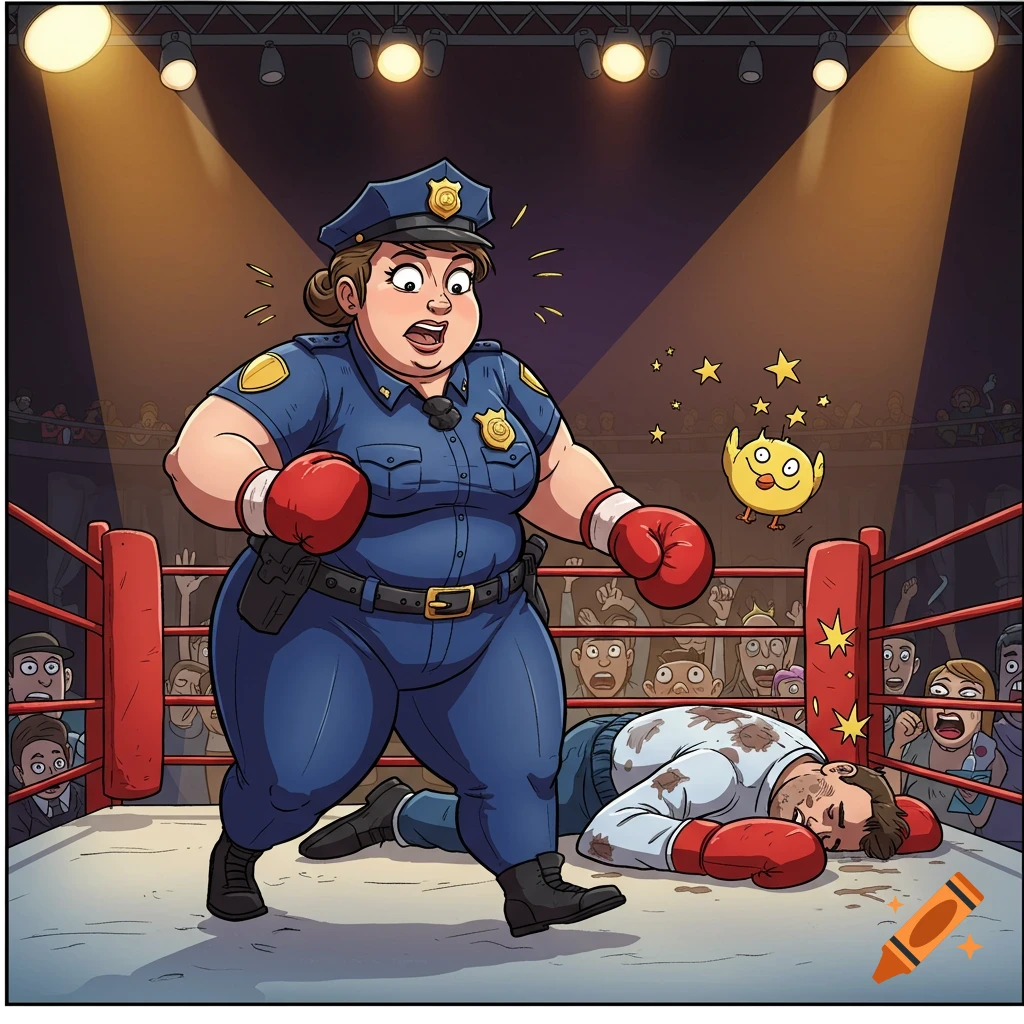 A cartoon female police officer stands victoriously in a boxing ring over a knocked-out man, watched by a crowd.