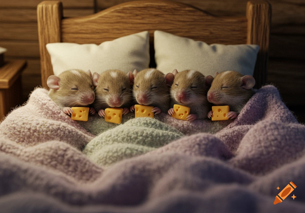 Five photorealistic mice sleep soundly in a bed under blankets, each holding a small piece of cheese.