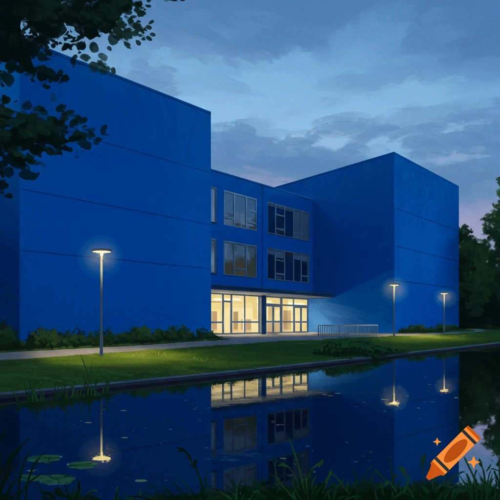 A large, blue modern building with glowing windows stands by a calm canal at dusk, reflected in the water, in an illustrative style.